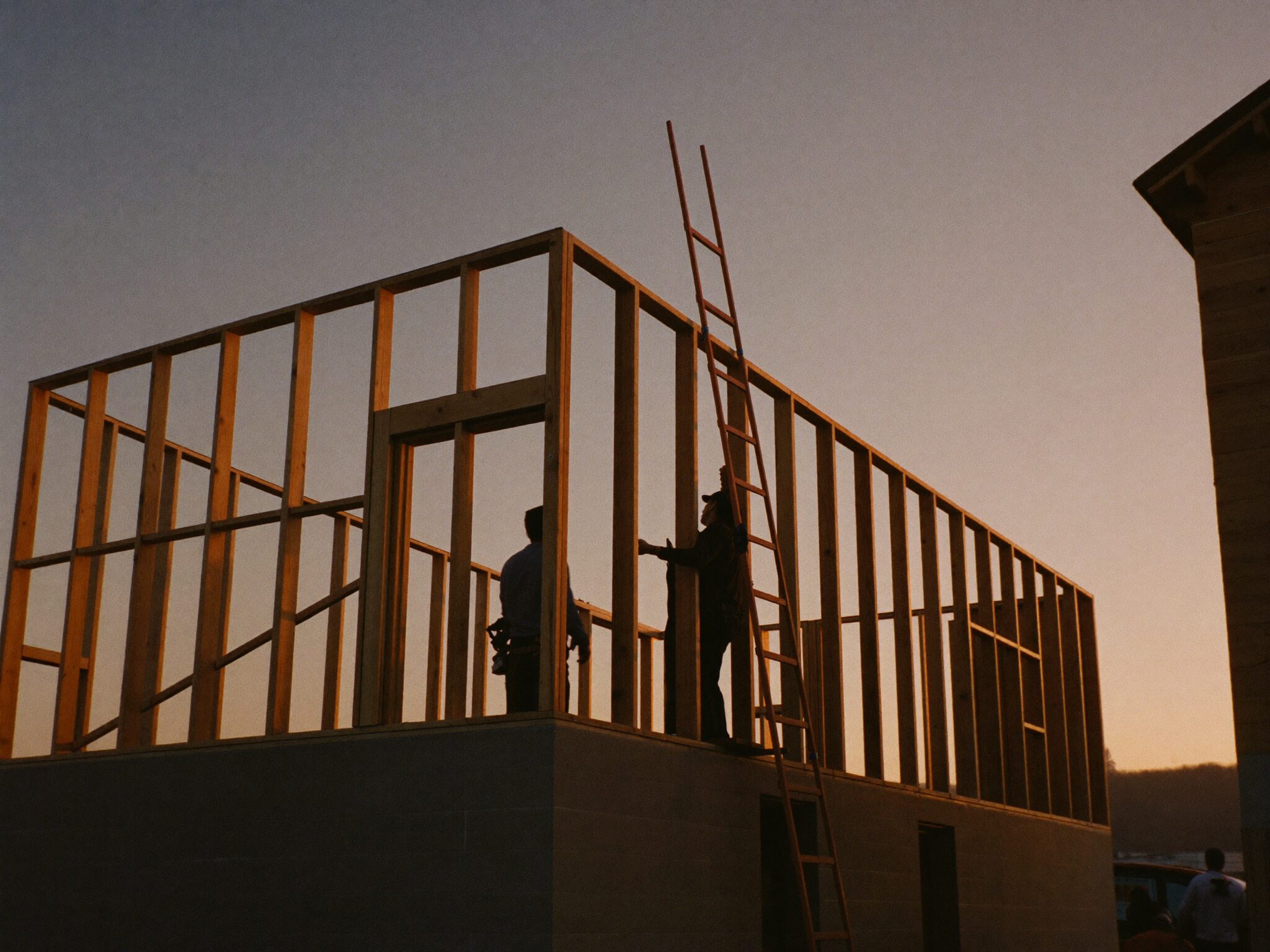 Crew framing a new build at sunrise