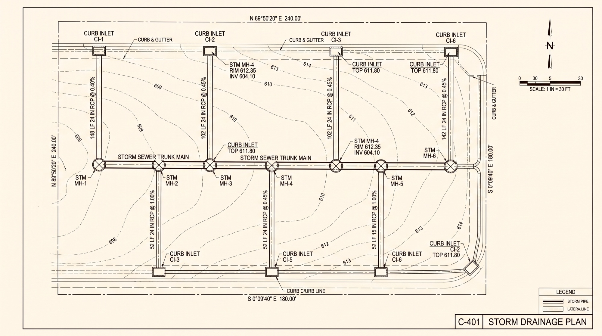 Storm drainage plan sheet C-401 with trunk main, laterals, and curb inlets