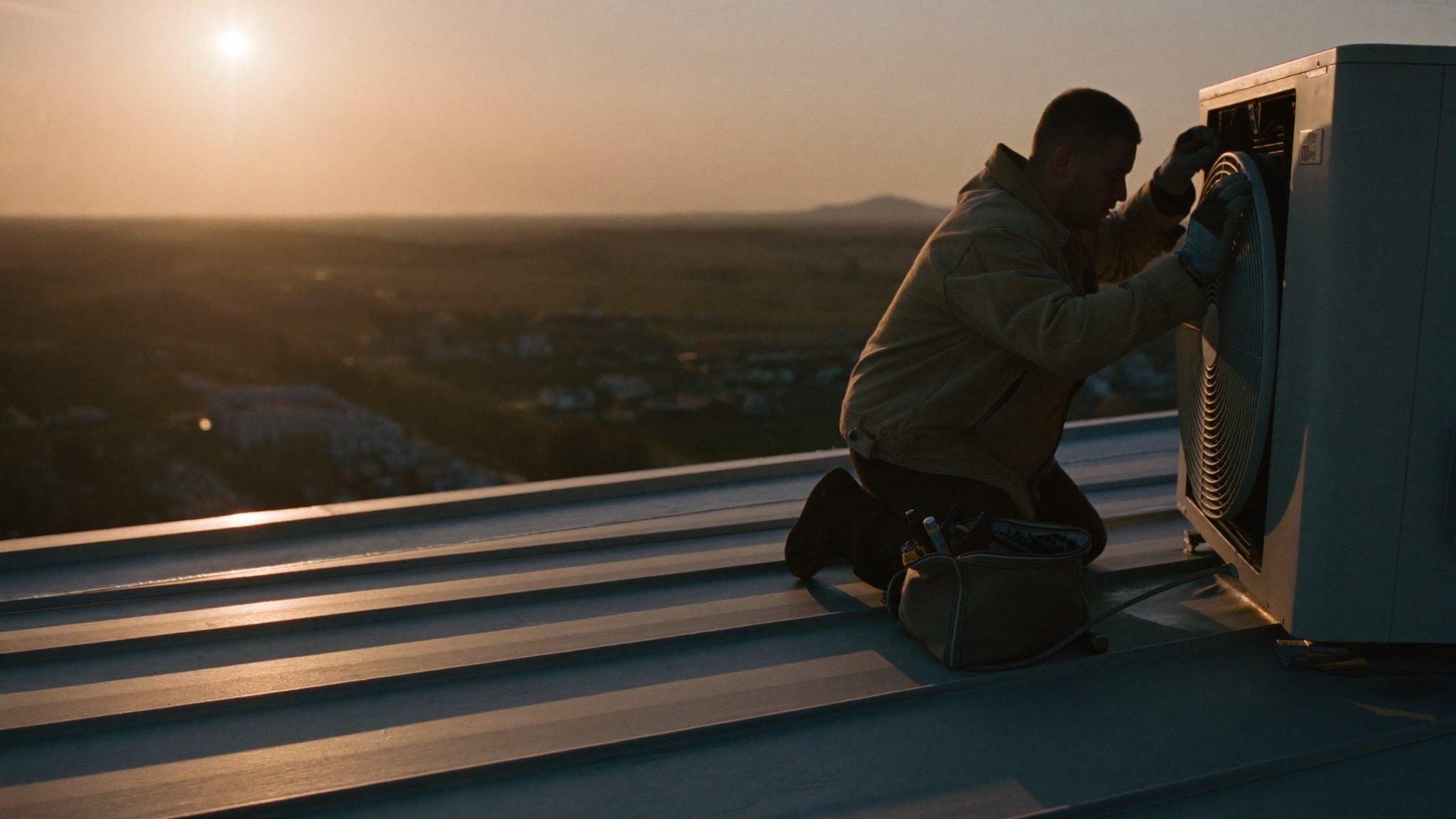 HVAC technician on a rooftop at golden hour