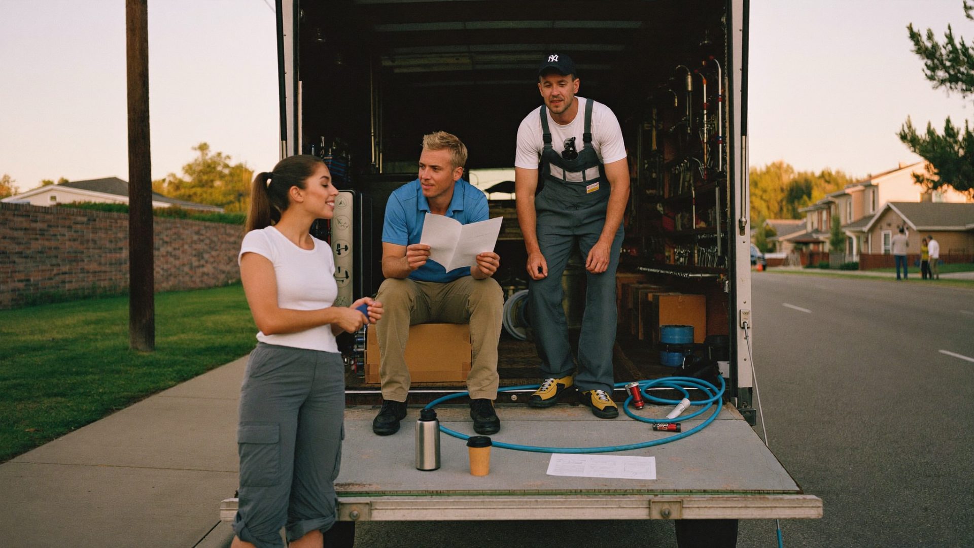 Crew reviewing the day's jobs at a truck tailgate at dawn