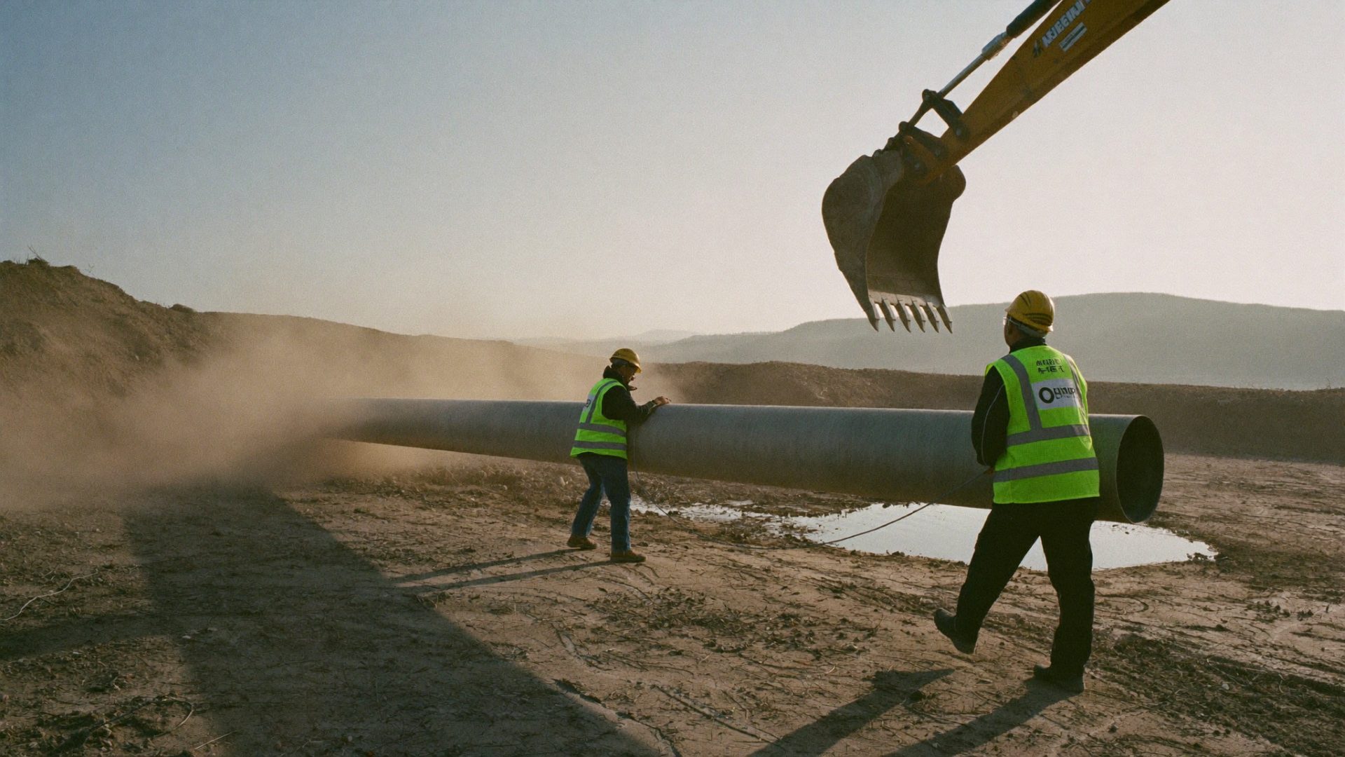 Utility crew setting a water main at dawn